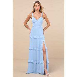 Lulus Sincerely Poised Light Blue Backless Bustier Tiered Maxi Dress - Size L